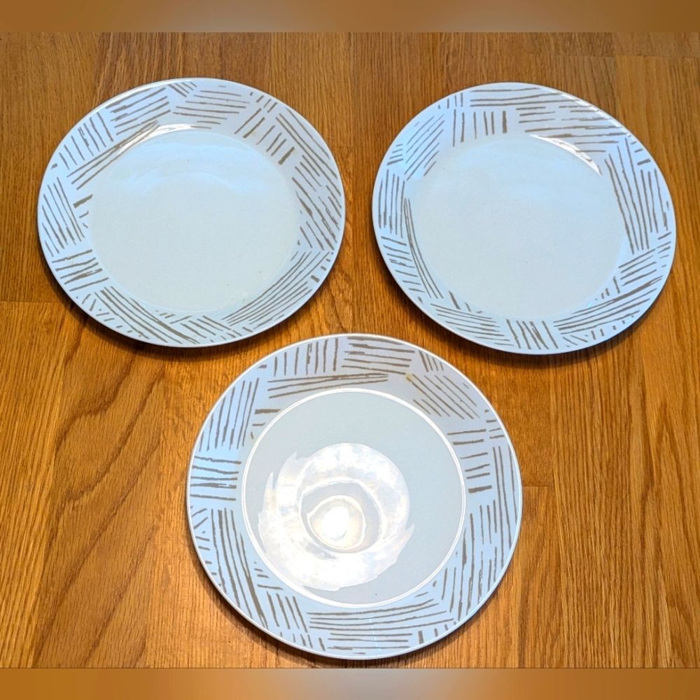 Corelle Everyday Expressions GEOMETRICA Set of 3 Salad Plates White Taupe Lines
